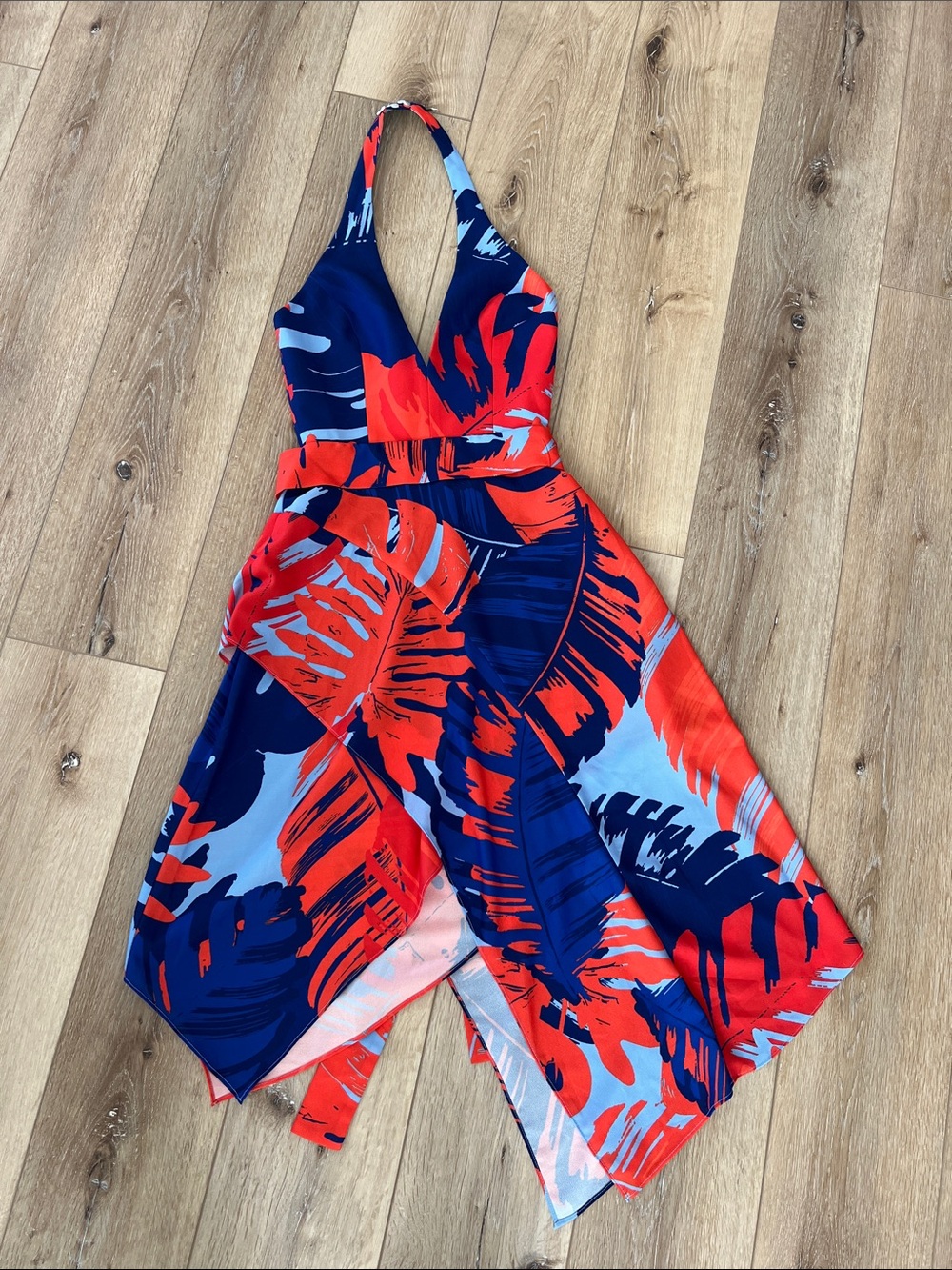 n/nicholas Handkerchief Halter Midi Dress in Navy and Orange Palm Print